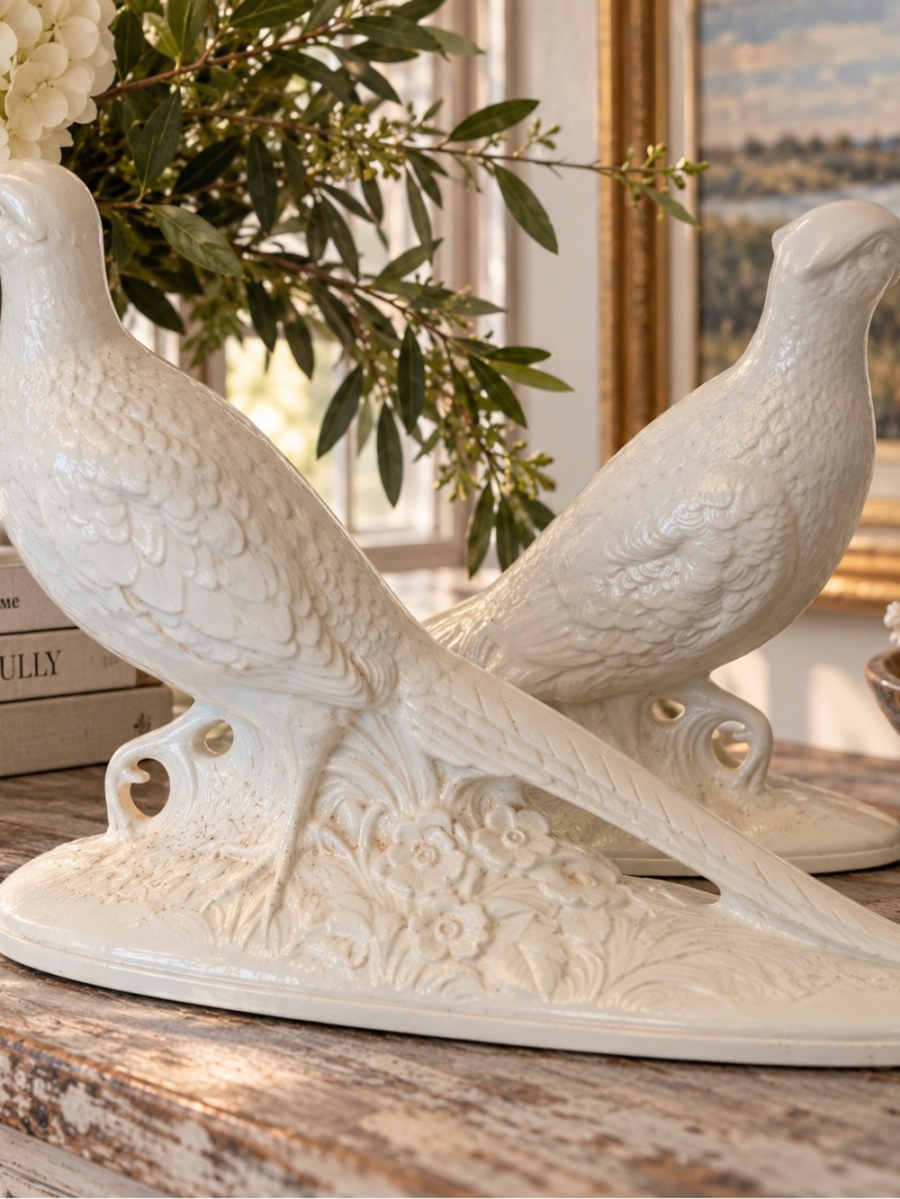 1962 Winter White Ceramic Pheasant Figurine Pair! Stunning Holland Mold signed.